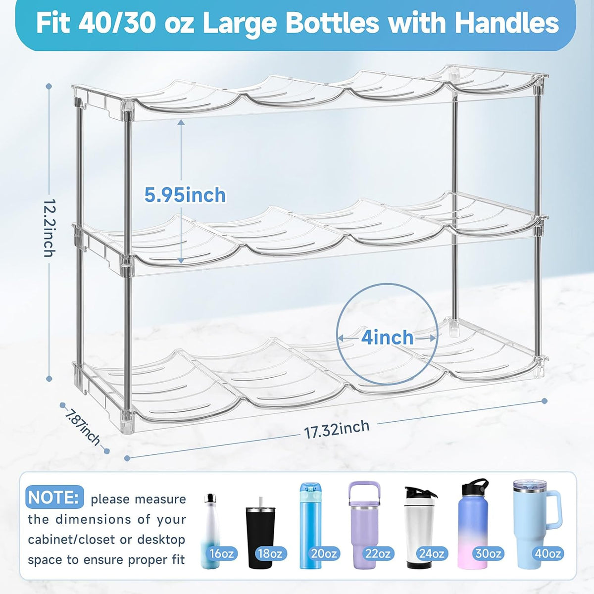 Larger Water Bottle Organizer for Stanley 40 oz Tumbler, Stackable Water Bottle Holder Rack for Cabinet, Kitchen Storage Organizer for for Stanley Cup Accessories, Tumbler Storage Holder, 3 Pack