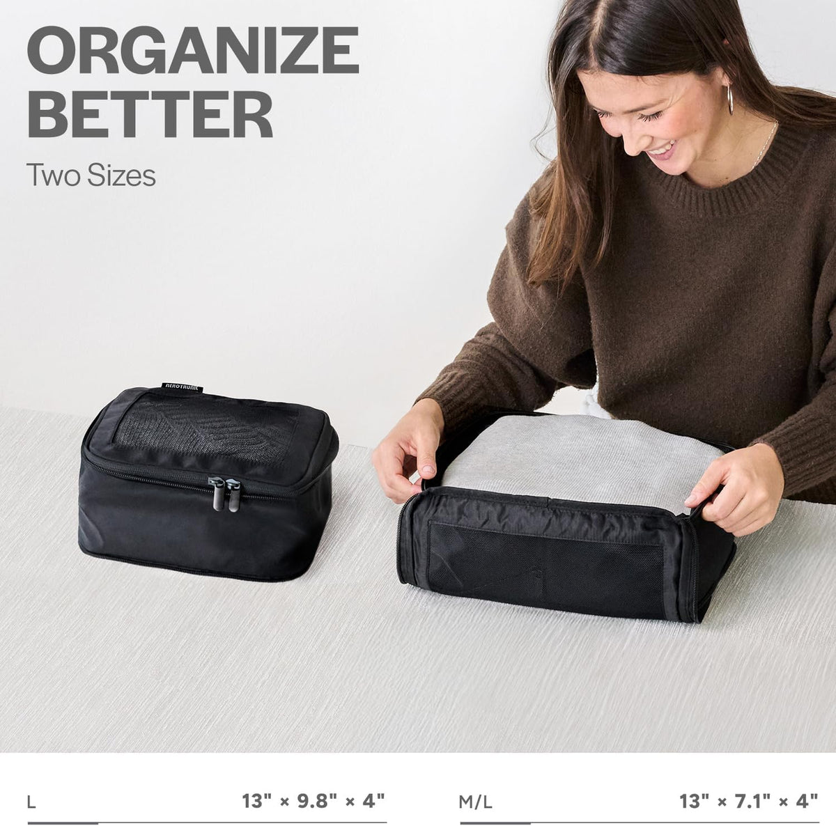 Aerotrunk Compression Packing Cubes for Travel - Luggage Organizer Bags - Double Zipper Packing Cubes for Suitcases (2-Pack, Black)