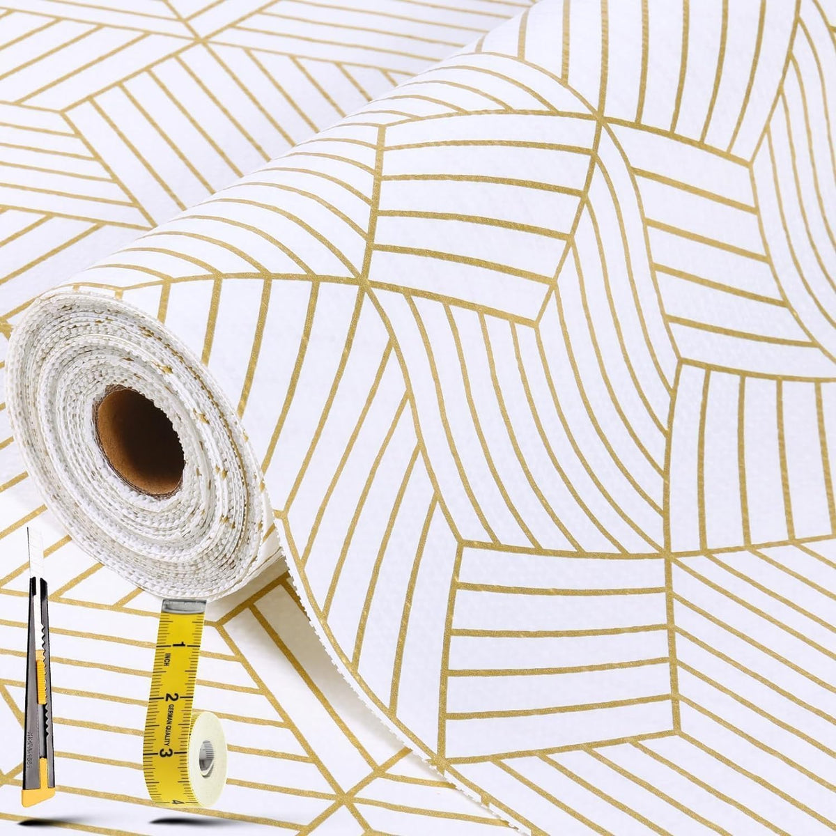 Shelf Liners for Kitchen Cabinets 17.5in x 30FT Non Adhesive Cabinet Liner Strong Non-Slip Thickened Gold Geometric Drawer Liner Easy to Clean for Shelf Cabinet with Knife and Tape Measure