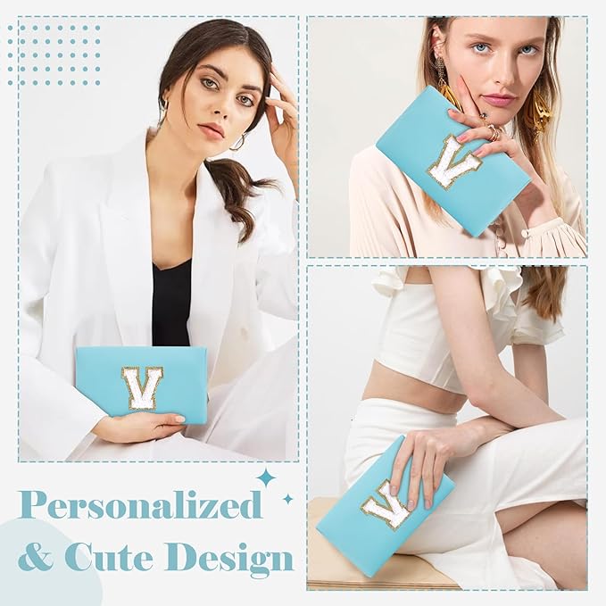 Small Personalized Initial A-Z Preppy Patch Makeup Bag,PU Chenille Letter Travel Cosmetic Pouch with Zipper,Blue Cute Toiletry Bag,Gift Ideal for Teen Girls Women Teacher Bridesmaid,Letter V