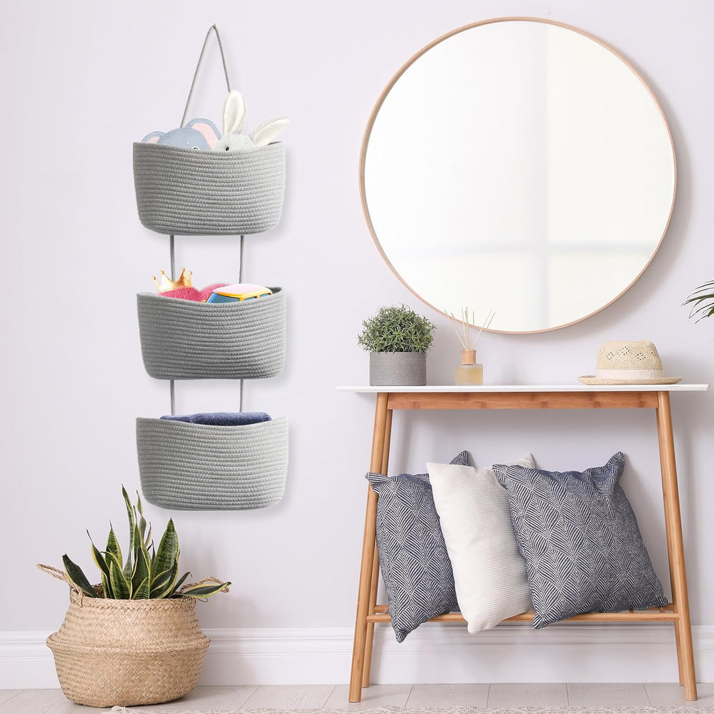 TeoKJ Over the Door Organizer, 3-Tier Woven Cotton Hanging Kitchen Baskets Storage Organizer Bag with Hooks Wall-Mounted Decorative Rope Baskets - Gray