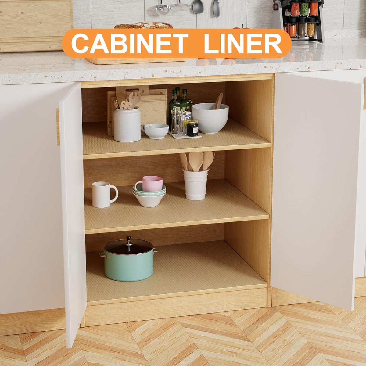 Shelf Liners for Kitchen Cabinets Khaki - 20 Inch Wide x 25 FT Long Large Waterproof Under Sink Mat - Non-Adhesive Easy to Cut Cabinet Drawer Liner
