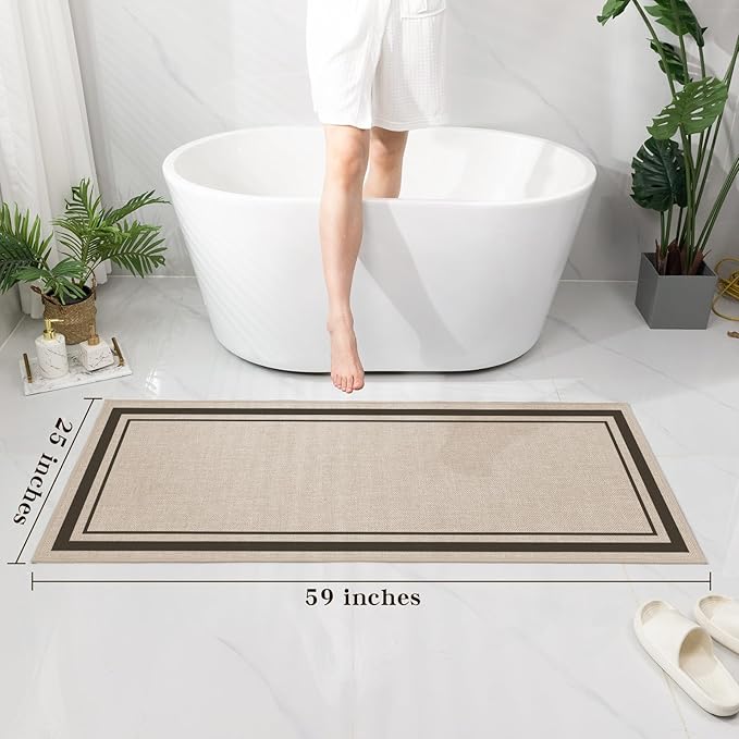 chakme Bathroom Rugs Mat 59x24, Ultra Thin Non Slip Bath Mat Large Quick Dry Absorbent Bath Mat for Bathroom Floor, (Light Beige, 59"x24")