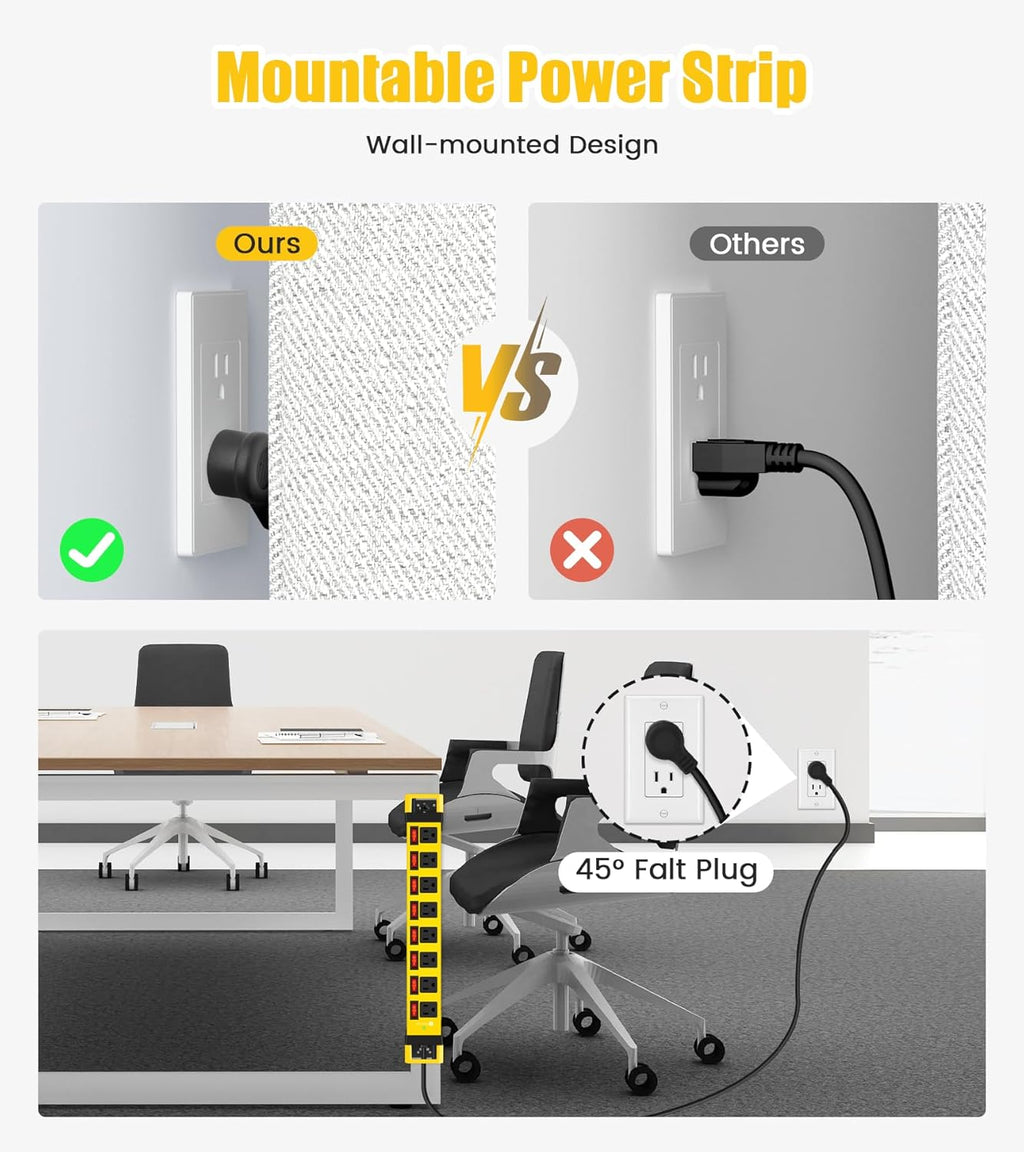 Heavy Duty Power Strip with Individual Switches,8 Outlets 14 Gauge Industrial Shop Garage Metal Multiple Outlets,1200J Surge Protector Mountable Power Strip,6FT Extension Cord Management(Yellow)