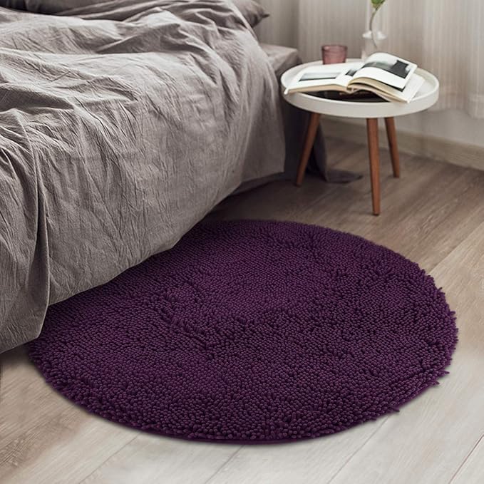 MAYSHINE Round Area Rug Set for Bathroom | Soft Plush Chenille Bath Mat, Water Absorbent Non-Slip Bathroom Rug | Washable Shag Carpet for Shower, Bedroom, or Home Décor | 36"x36" (Round) | Plum