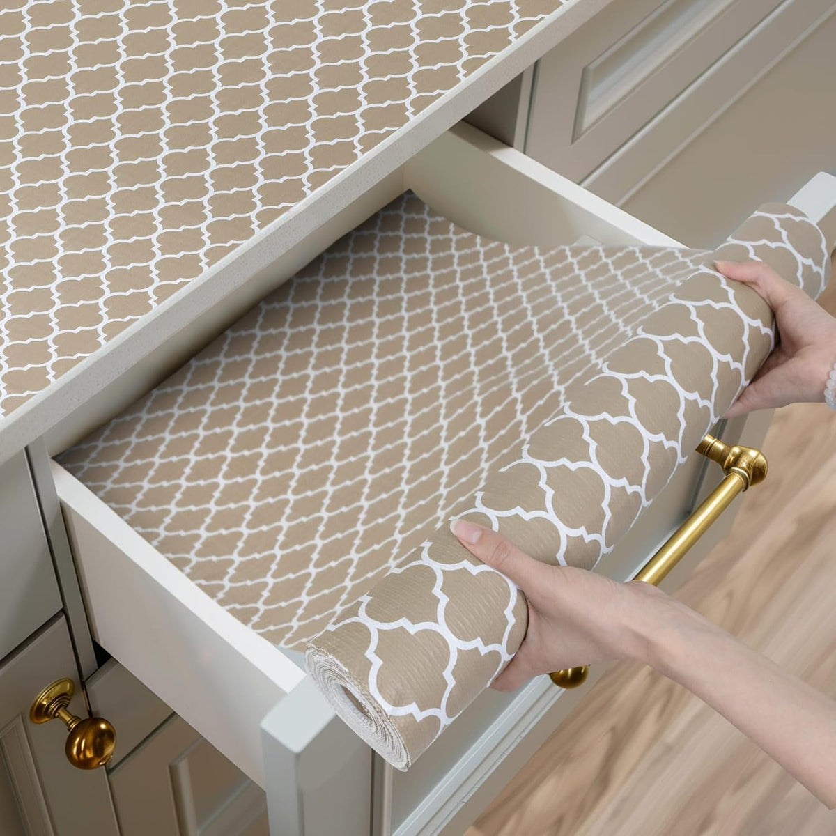 Shelf and Drawer Liner for Kitchen Cabinets Non-Adhesive, Strong Grip Non-Slip Thickened Cabinet Liners for Shelves, Waterproof Mats for Dresser Cupboard, Beige, 17 in x 30 Feet