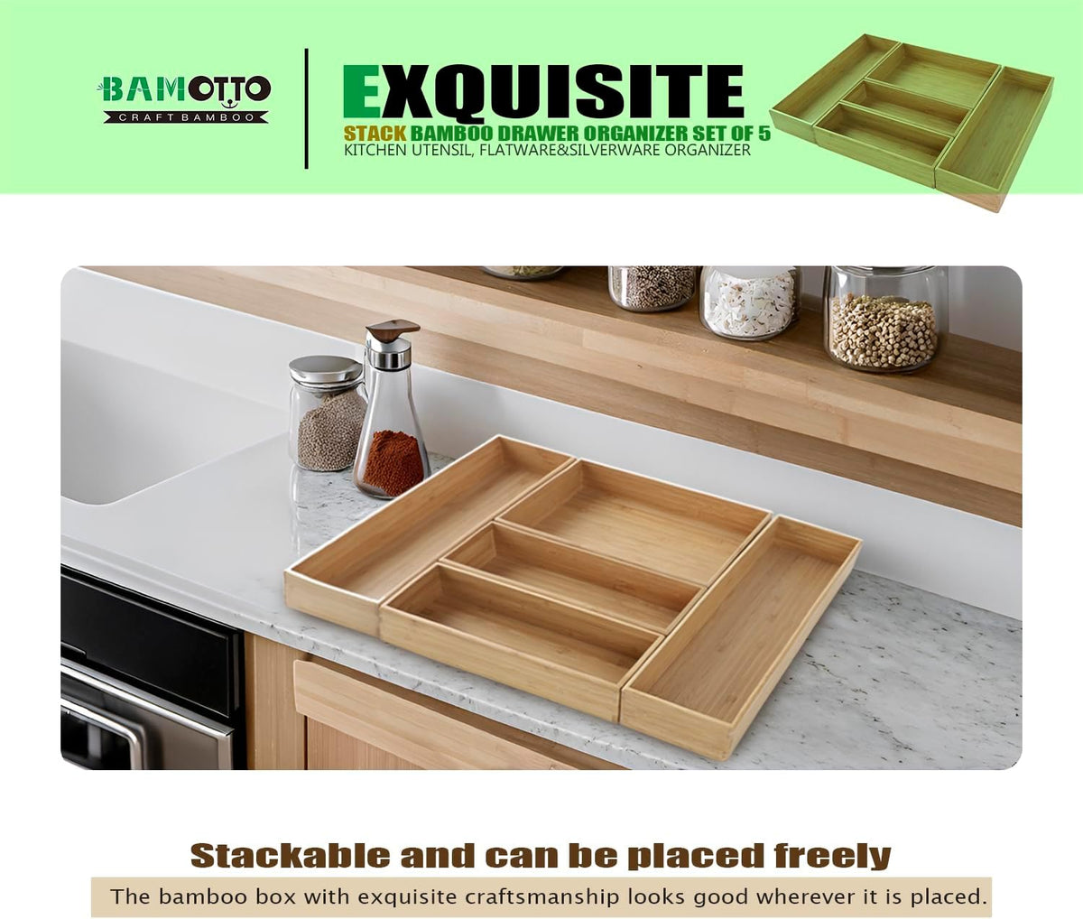 Stack Bamboo Drawer Organizer Set of 5, Kitchen Utensil, Flatware&Silverware Organizer-Wood Laminated Stackable for Kitchen, Bedroom, 13.4''x4.5''*2+10.2''x3.3''*2+10.2''x6.7''*1