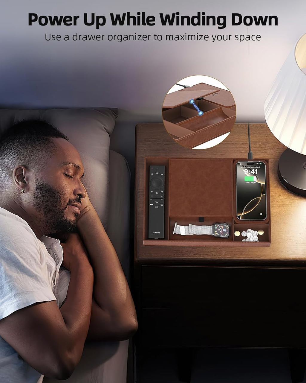 Valet Tray with Wireless Charger, Nightstand Organizer, Leather Desk Drawer Organizer Tray with 7 Compartments for Jewelries, Watch, Key, Wallet, Phone, Brown