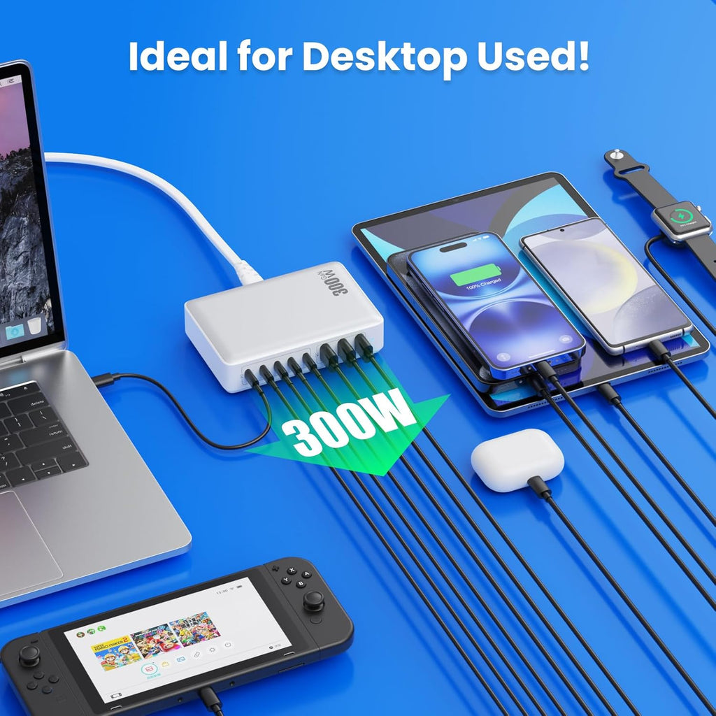 USB C Charger 300W USB C Charger Block 8-Ports GaN IV Fast Charging Station,PD 100W Laptop Charging Hub Wall Charge Adapter Compatible with MacBook/Air,DELL,Steam Desk,iPhone 16/15/14,Galaxy