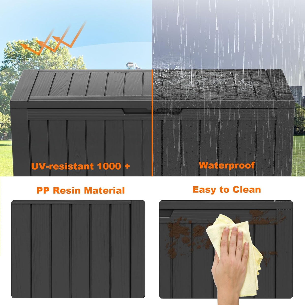 90 Gallon Resin Deck Box, Lockable Patio Outdoor Storage Box for Furniture, Garden Tools and Tools Storage, Waterproof Outside Storage Box - Black