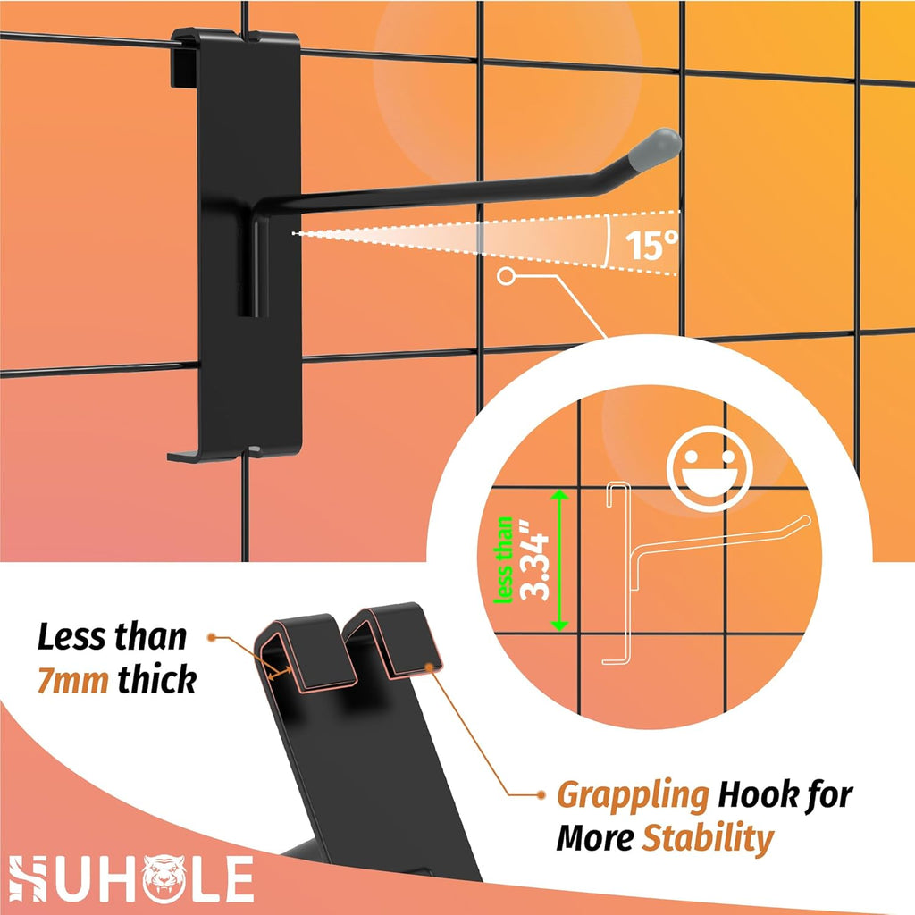 HUHOLE Black Gridwall Hooks 2 Inch, 4 Inch, 6 Inch, 60PC Heavy Duty Grid Wall Accessory, Durable Grid Wall Hook Solution for Tool Organization, Garagre, Retail Display, Hooks for Gridwall Panel