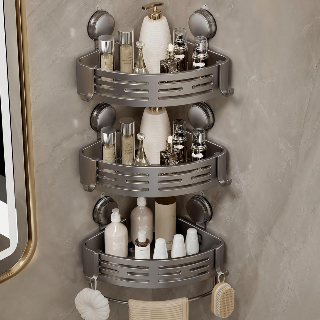 VOLPONE Corner Shower Shelf Suction Cup Shower Caddy Corner No Drilling Bathroom Shower Organizer Storage Rack Adhesive with Towel Bar (3-Pack, Gray)