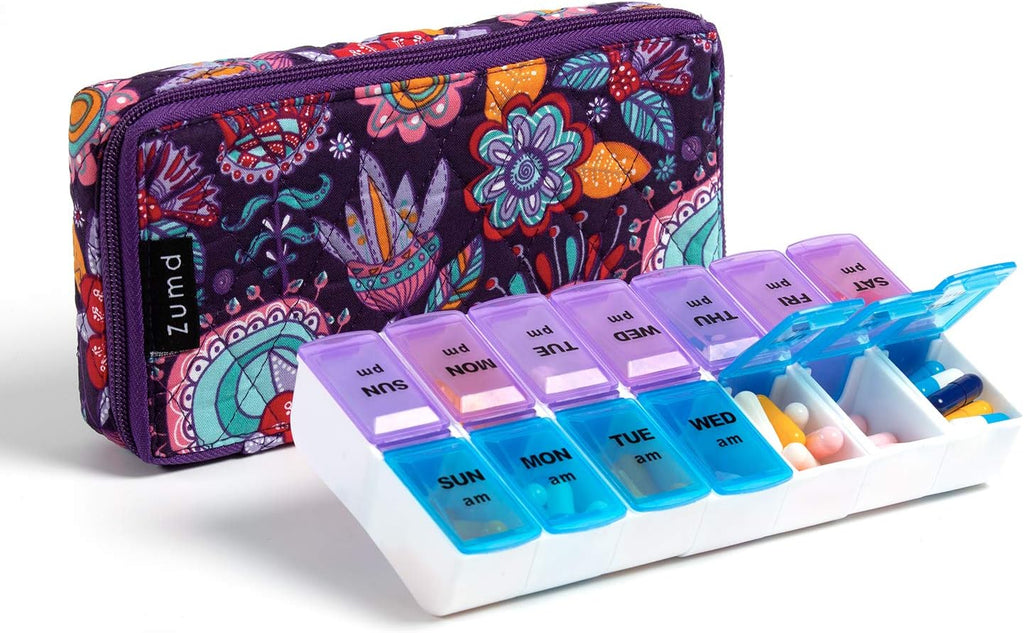 Weekly Pill Organizer 2 Times a Day, Zumd Pill Box 7 Day with Cute Quilted Fabric Zipper Case, Travel Pill Case Am Pm for Vitamin Medicine Organizer