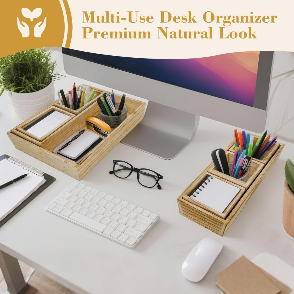 Rustic 8 Piece Wood Desk Drawer Organizer Tray, Nightstand Organizer, 4 Size Wooden Drawer Divider Organizer Set For Office Vanity Makeup Jewelry Bedroom Clothes Storage(Natural)