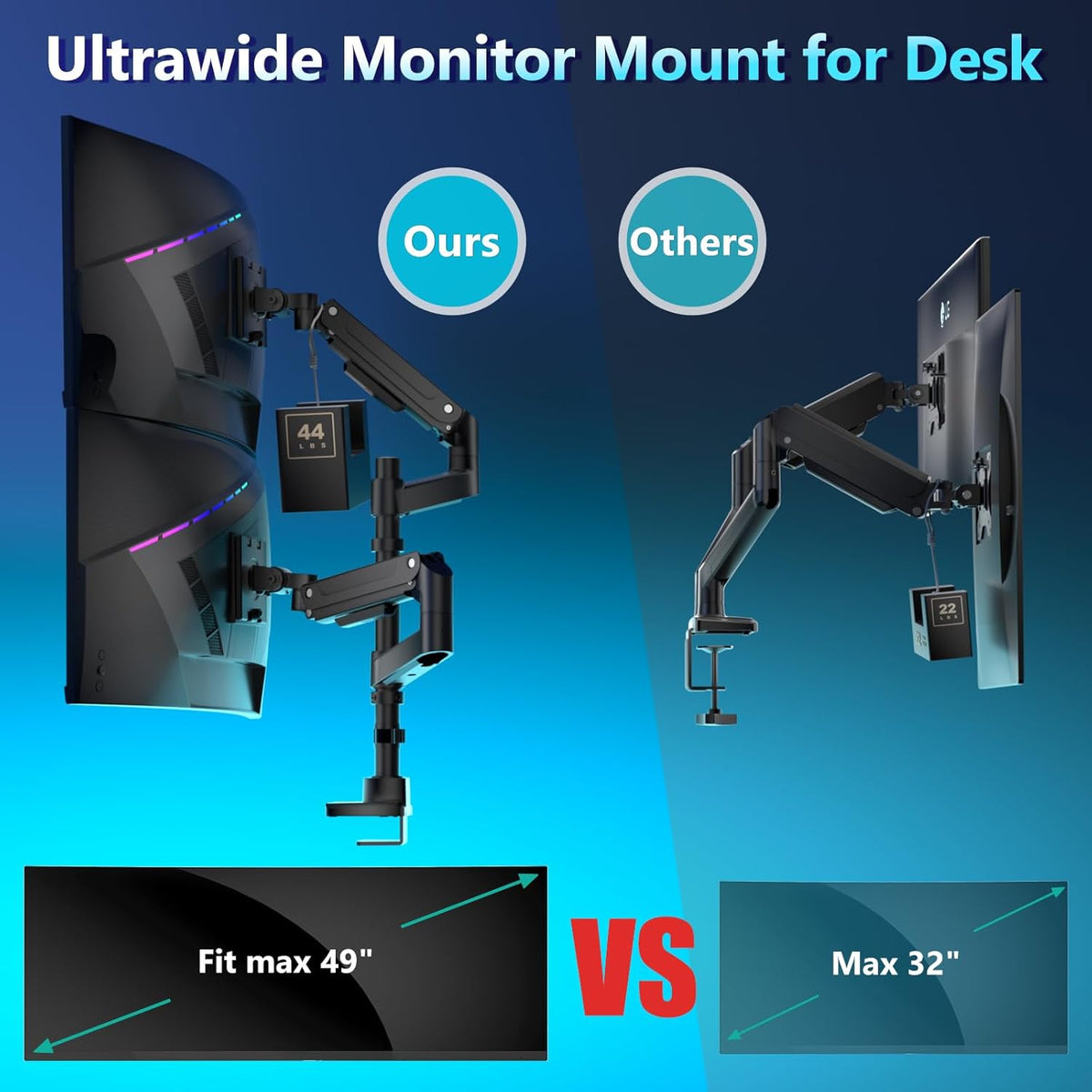 WALI Dual Monitor Mount for Ultrawide Heavy Duty Curved Monitor Stacking, Dual Monitor Arm Fits 17-49 Inch for Ultrawide Screens up to 44lbs, 49 inch Monitor Arm, Black