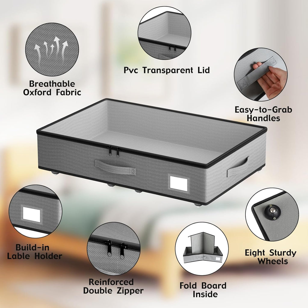 Under Bed Storage with Wheels, No Assemble Required 5.5 inches height grey under bed storage bins,Low Profile Rolling Under bed Shoe Storage containers，dorm under bed storage drawers