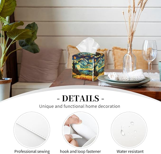 Starry Night Tissue Box Cover Square, Abstract Impressionist Oil Painting Tissue Box Holder Waterproof Leather Facial Paper Organizer Dispenser for Bathroom Home Car Nightstand Vanity Desk
