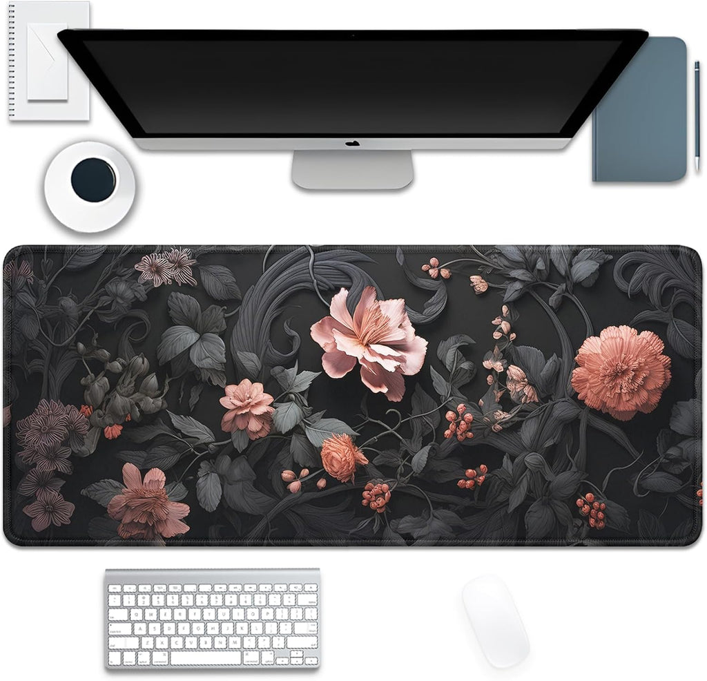 Black Art Flowers Mouse Pad,Large Vintage Floral Mousepad Desk Pad with Stitched Edges,Non-Slip Waterproof Rubber Base Mouse Mat for Office Computer Keyboard Laptop Home(27.5x11.8 in)