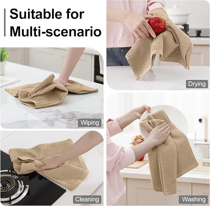Homaxy Premium Kitchen Towels (18"x 28", 8 Pack), Large 100% Cotton Kitchen Hand Towels, Ultra Absorbent Ribbed Terry Tea Towels Set with Hanging Loop, Khaki
