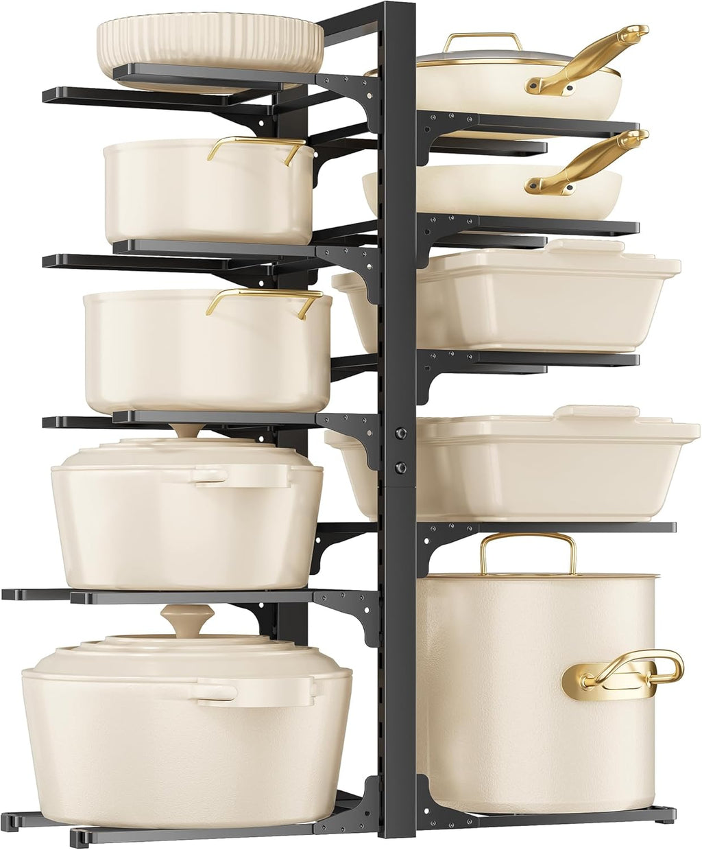 MUDEELA 10-Tier Pots and Pans Organizer under Cabinet, 23.62" Height Heavy Duty Pot and Pan Organizer Kitchen Cabinet Organization and Storage, Adjustable Pot Rack for Frying Pan, Cast Iron Skillet