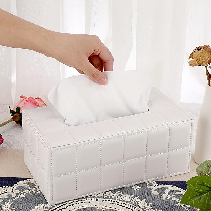 Sumnacon Rectangular Leather Tissue Box Cover - Stylish Tissue Box Holder with Magnetic Bottom, Decorative PU Tissue Box for Vanity Dresser Night Stand Table Countertop Home Office Car,Grid White