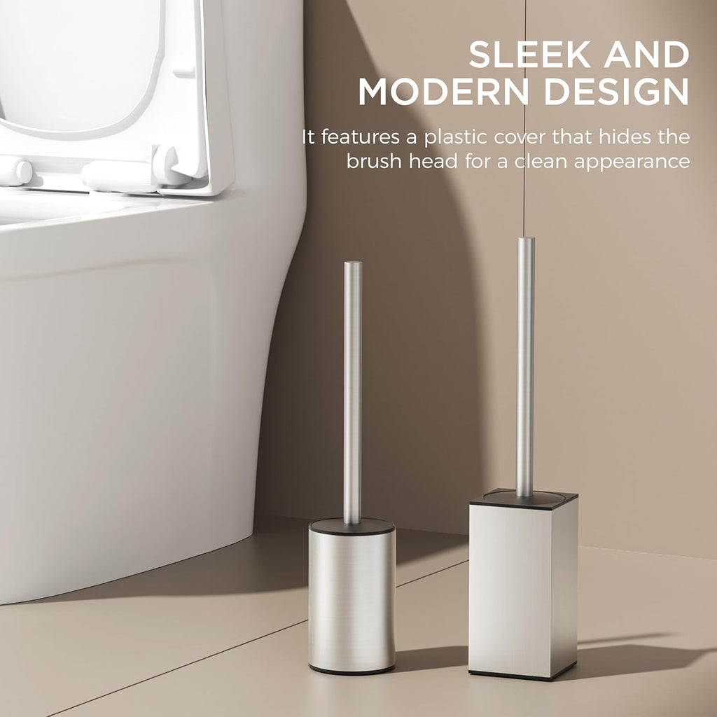 FORIOUS Toilet Brush and Holder Set, 304 Stainless Steel Heavy Duty Base and Handle for Bathroom Deep Cleaning, Toilet Bowl Cleaners Brush with Holder, Space Saving for Storage, Stainless Steel