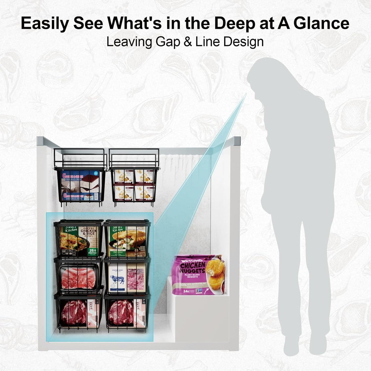 iSPECLE Chest Freezer Organizer Bins 8 Pack - Fit 7 Cu.Ft Deep Freezer, 2 Adjustable Hanging Baskets and 6 Pack Stackable Freezer Bins, Deep Freezer Organizer Bins Sort Frozen Food, Black