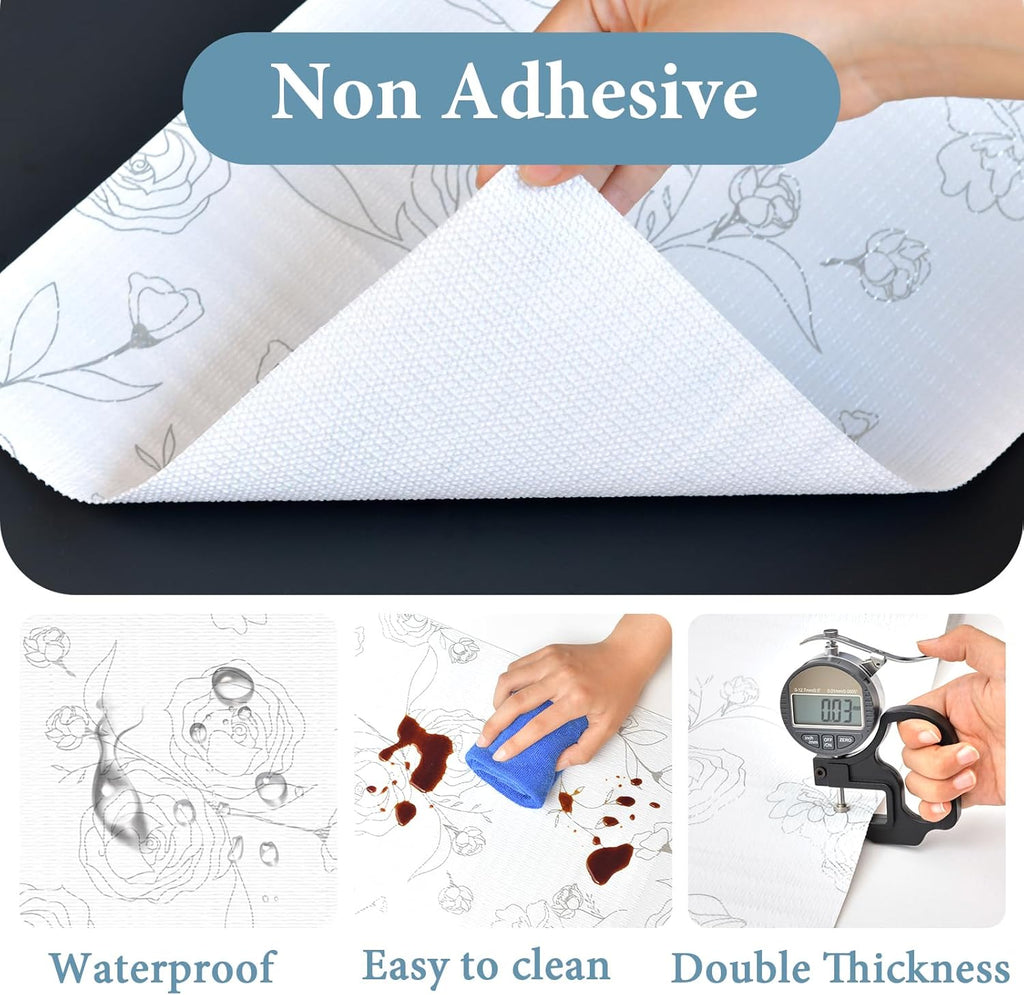 Shelf Liners for Kitchen Cabinets 12in x 20FT Non Adhesive Drawer Liner Sliver Floral Thickened Shelf Liner Paper Strong Non-Slip Easy to Clean for Tool Box Refrigerator with Knife and Tape Measure