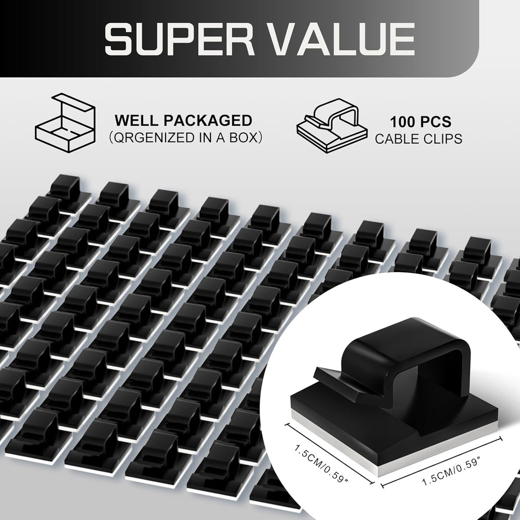 100PCS Cable Clips, Adhesive Wire Clips Strong Cord Clips Wire Holders, Cable Management Clips for Desk, Wall, Car, TV, Ethernet Cable (Black, Small)