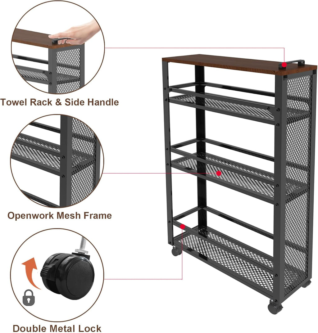 2025 New, Slim Kitchen Storage Cart, 3-Tier Metal Rolling Utility Cart Mesh Basket, Multifunction Wire Basket Shelf Trolley for Home Laundry, Bathroom, Living Room, Black