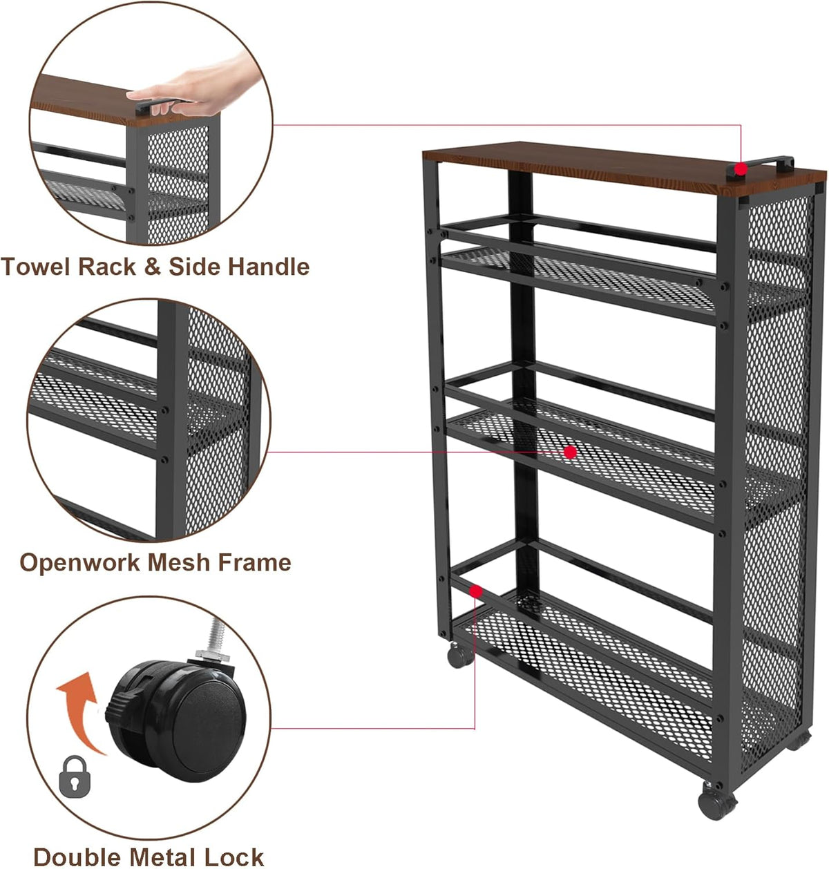 2025 New, Slim Kitchen Storage Cart, 3-Tier Metal Rolling Utility Cart Mesh Basket, Multifunction Wire Basket Shelf Trolley for Home Laundry, Bathroom, Living Room, Black
