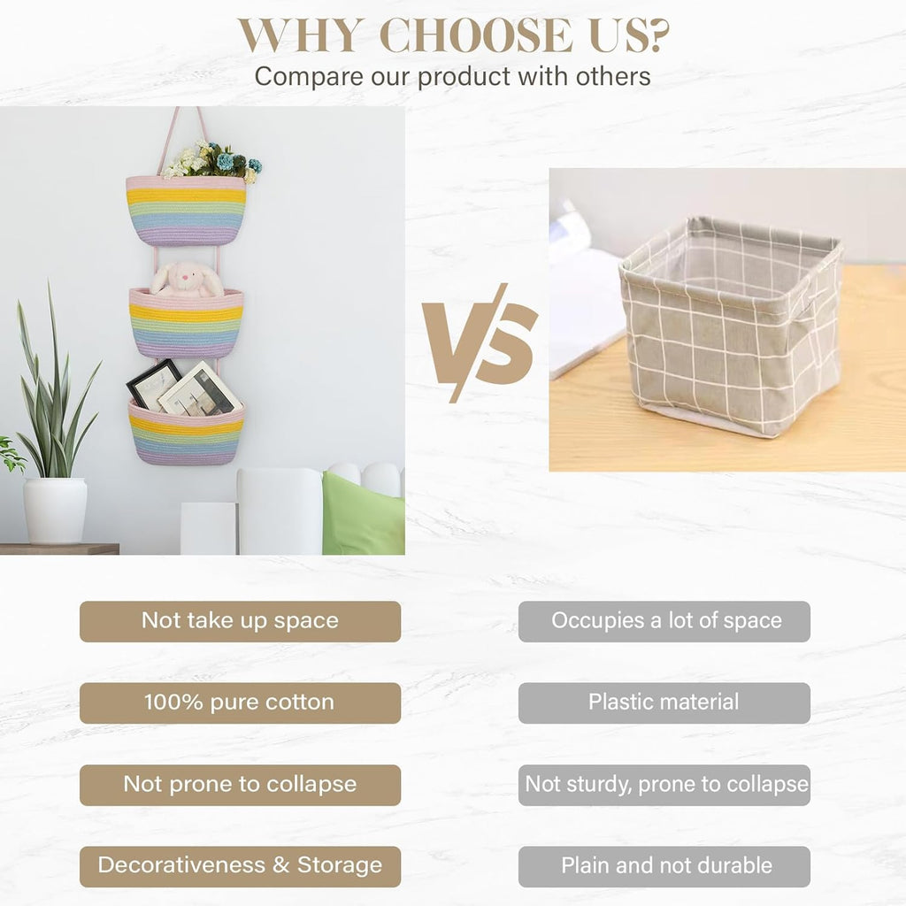 TeoKJ Over the Door Organizer, 3-Tier Woven Cotton Hanging Storage Baskets, Wall-Mounted Baskets for Nursery Organization, Rainbow