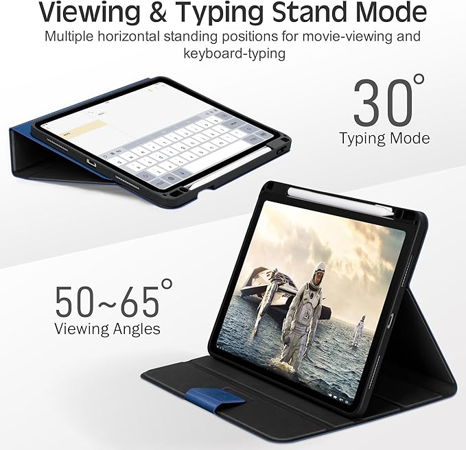KingBlanc Case for iPad Air 13 inch (M3 2025/M2 2024) with Pencil Holder, Vegan Leather Protective Stand Cover, Auto Wake/Sleep, Multi-Angles for Viewing/Drawing, Supports Pencil Pro/(USB-C), Blue