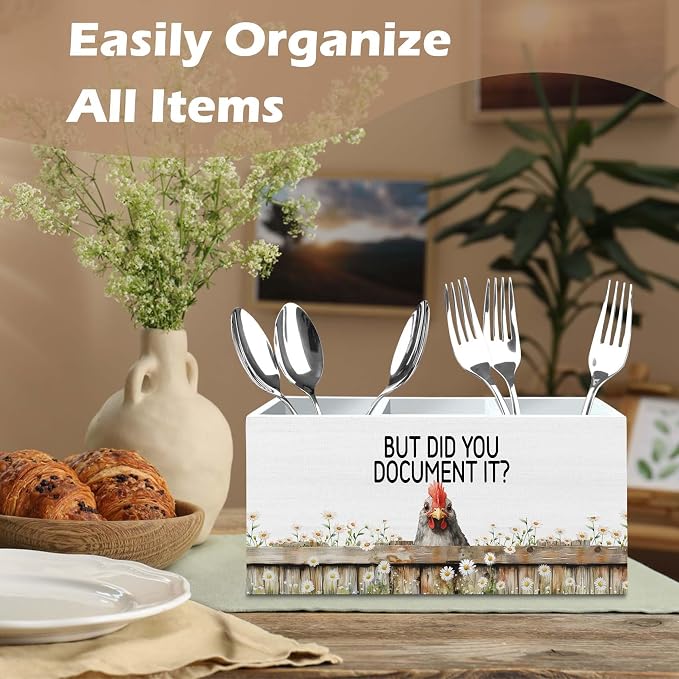 DILSJ Inspirational Chicken Pen Pencil Holder Organizer for Desk, Chicken Lovers Gifts for Women, But Did You Document It Wooden Box Signs for Home Office & School Supplies
