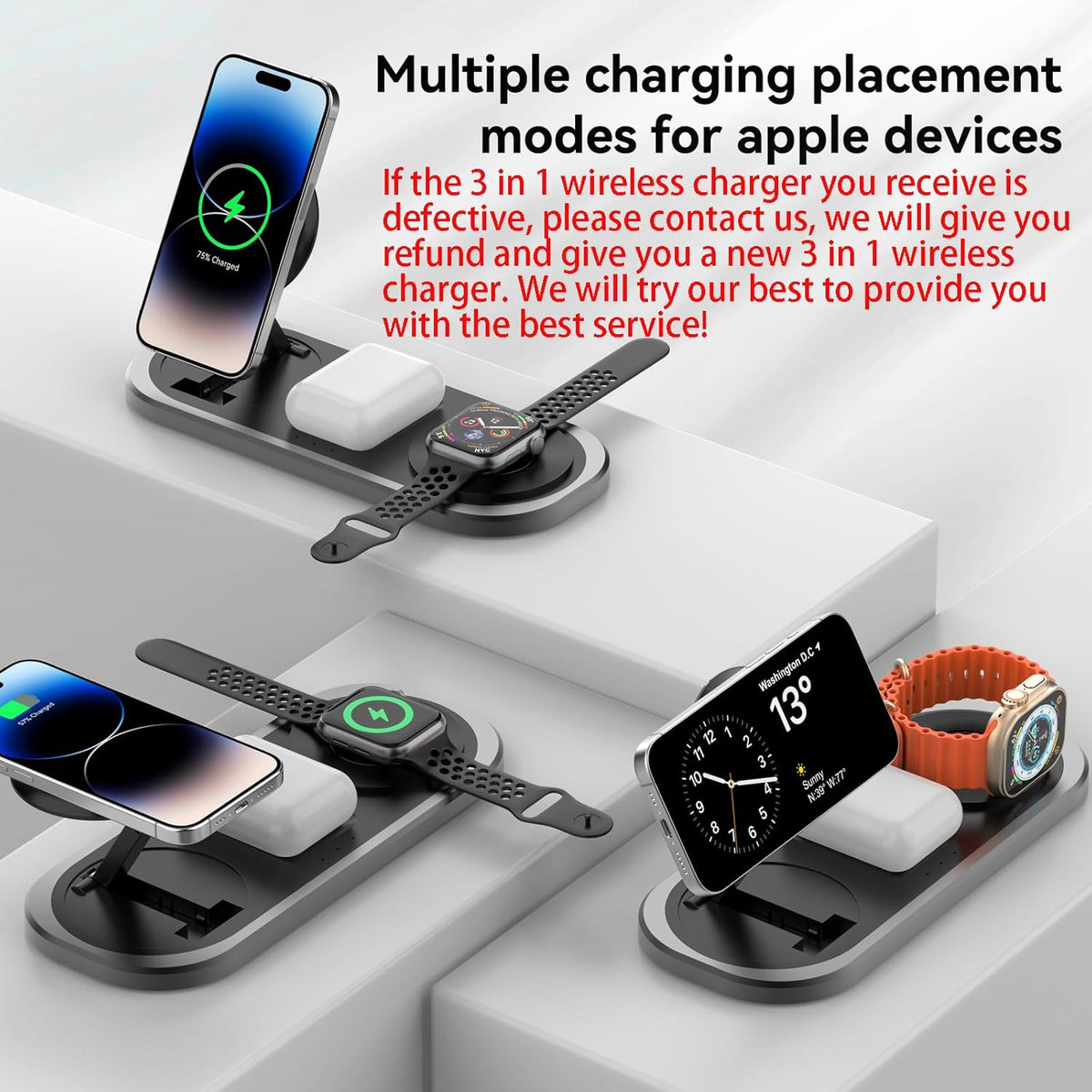 3 in 1 Fast Wireless Charger Stand for iPhone, Foldable Travel Charging Station for Magsafe for iPhone 17/Air/16/15/14/13/12 Series, Apple Watch Serie, AirPods pro/2/3/4, 2025 Christ mas Gifts (Black)