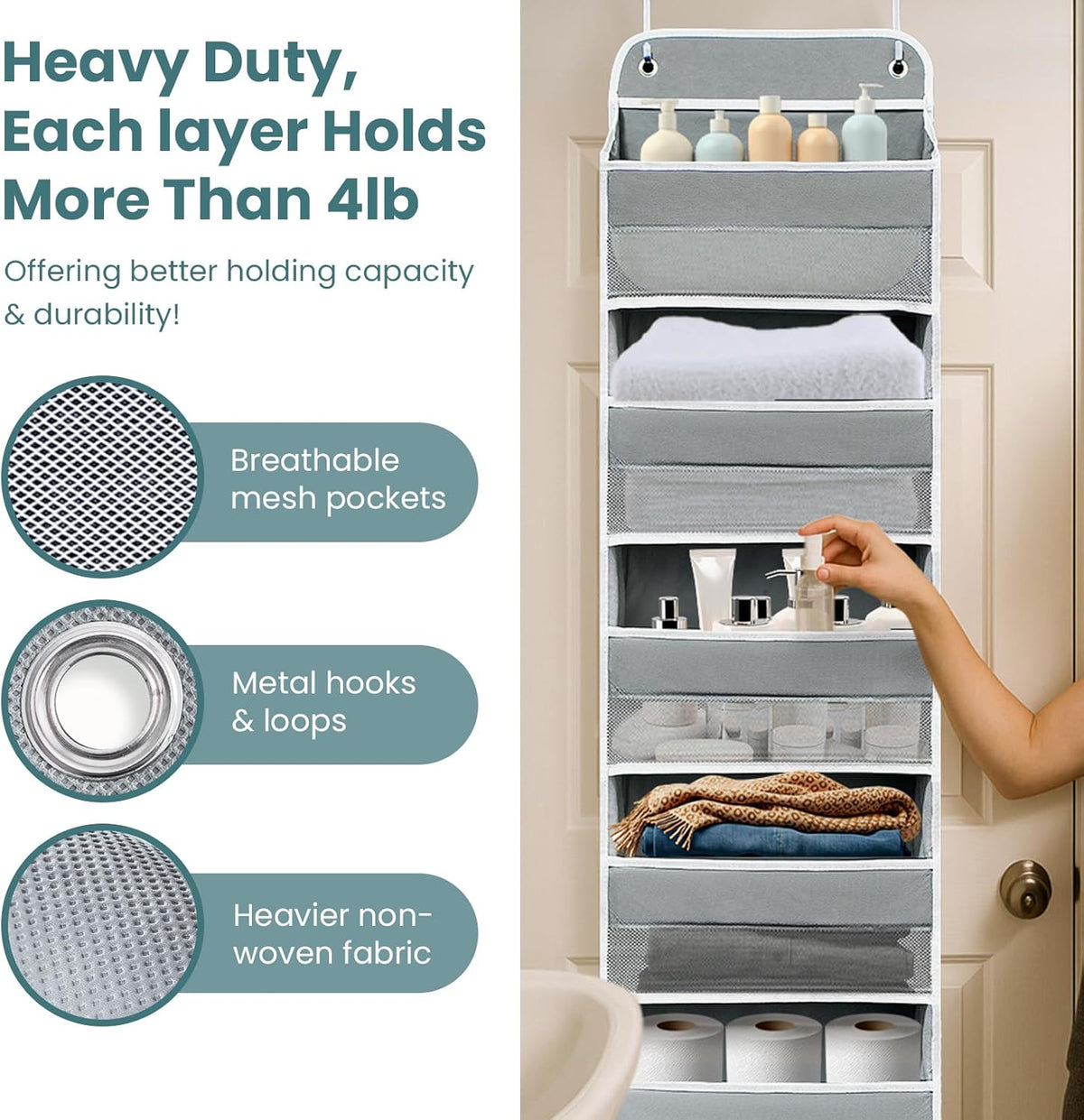 Over The Door Organizer with 8 Side Mesh Pockets, 44lb Weight Capacity Hanging Behind The Door Bathroom Organizers and Storage Suitable for Storing Toys, Shoes, Towels, Grey, 5 Shelf