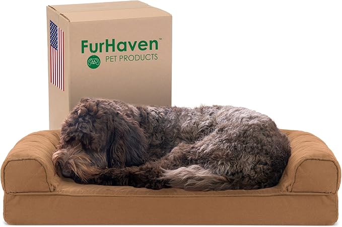 Furhaven Cooling Gel Dog Bed for Medium/Small Dogs w/ Removable Bolsters & Washable Cover, For Dogs Up to 35 lbs - Quilted Sofa - Toasted Brown, Medium