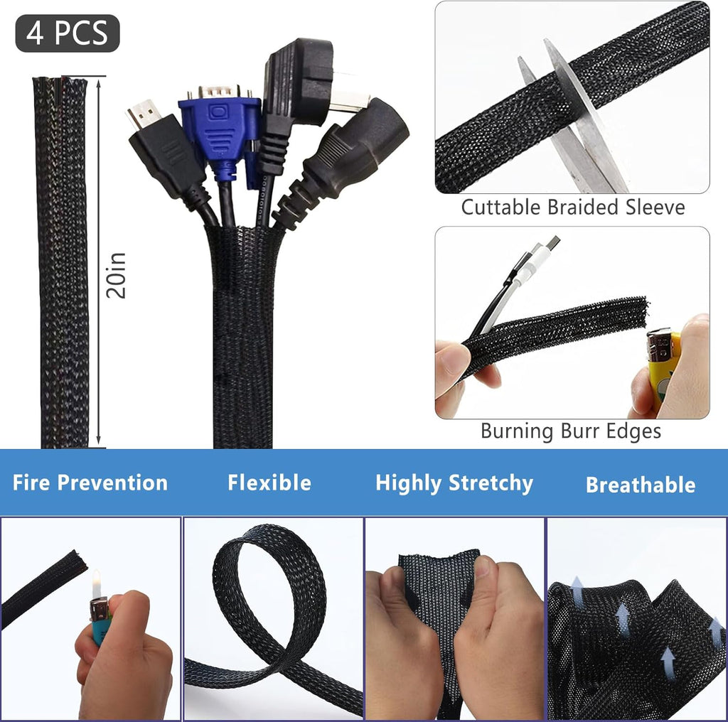 ELII 300PCS Cable Management Kit,4 Cable Sleeve 35 Cable Clips with 11Cord Holders,20 Roll Cable Organizer Straps and 200 Fastening Cable Ties,20 Cable Zip Tie Mounts for Computer TV Under Desk