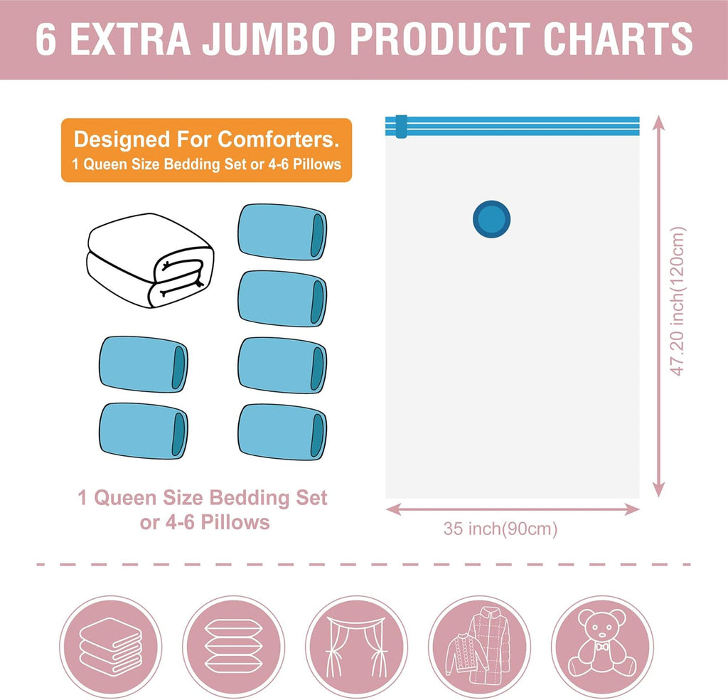 6 Pack XXL Jumbo Vacuum Storage Bags, Extra Large Vacuum Seal Bags for Comforters, Bedding, Blanket Storage, Giant Space Saver Bags for Huge Stuffed Toy (47.2x35 in)