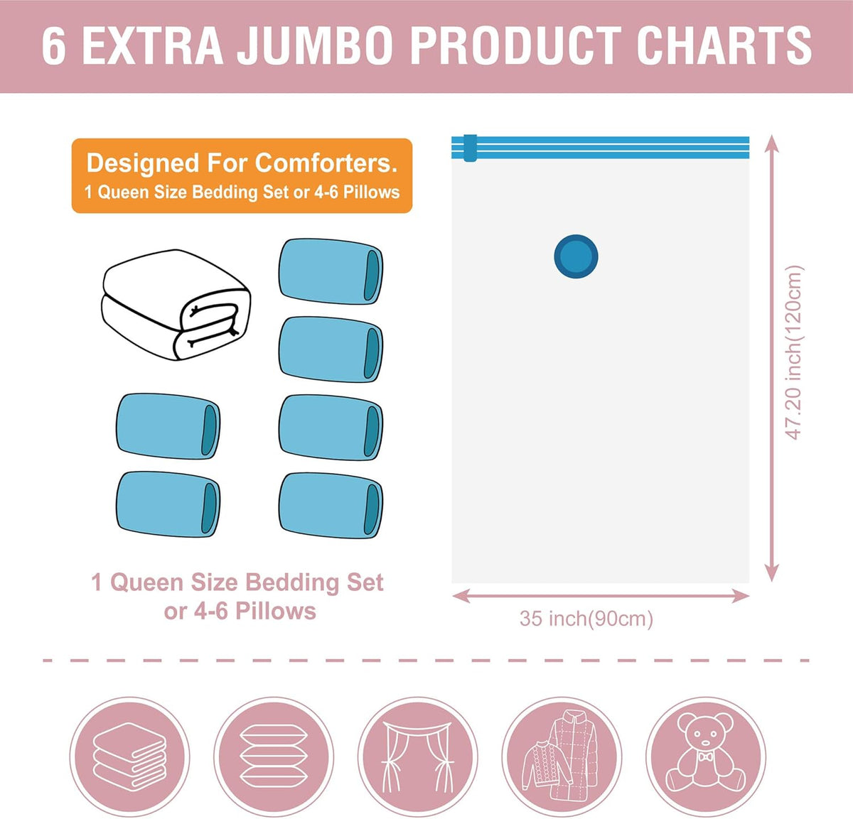 6 Pack XXL Jumbo Vacuum Storage Bags, Extra Large Vacuum Seal Bags for Comforters, Bedding, Blanket Storage, Giant Space Saver Bags for Huge Stuffed Toy (47.2x35 in)