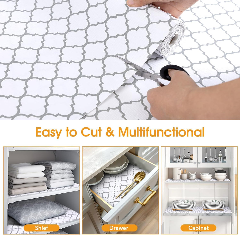 Shelf and Drawer Liner for Kitchen Cabinets Non-Adhesive, Strong Grip Non-Slip Thickened Cabinet Liners for Shelves, Waterproof Mats for Dresser Cupboard, White/Gray, 12 in x 20 Feet
