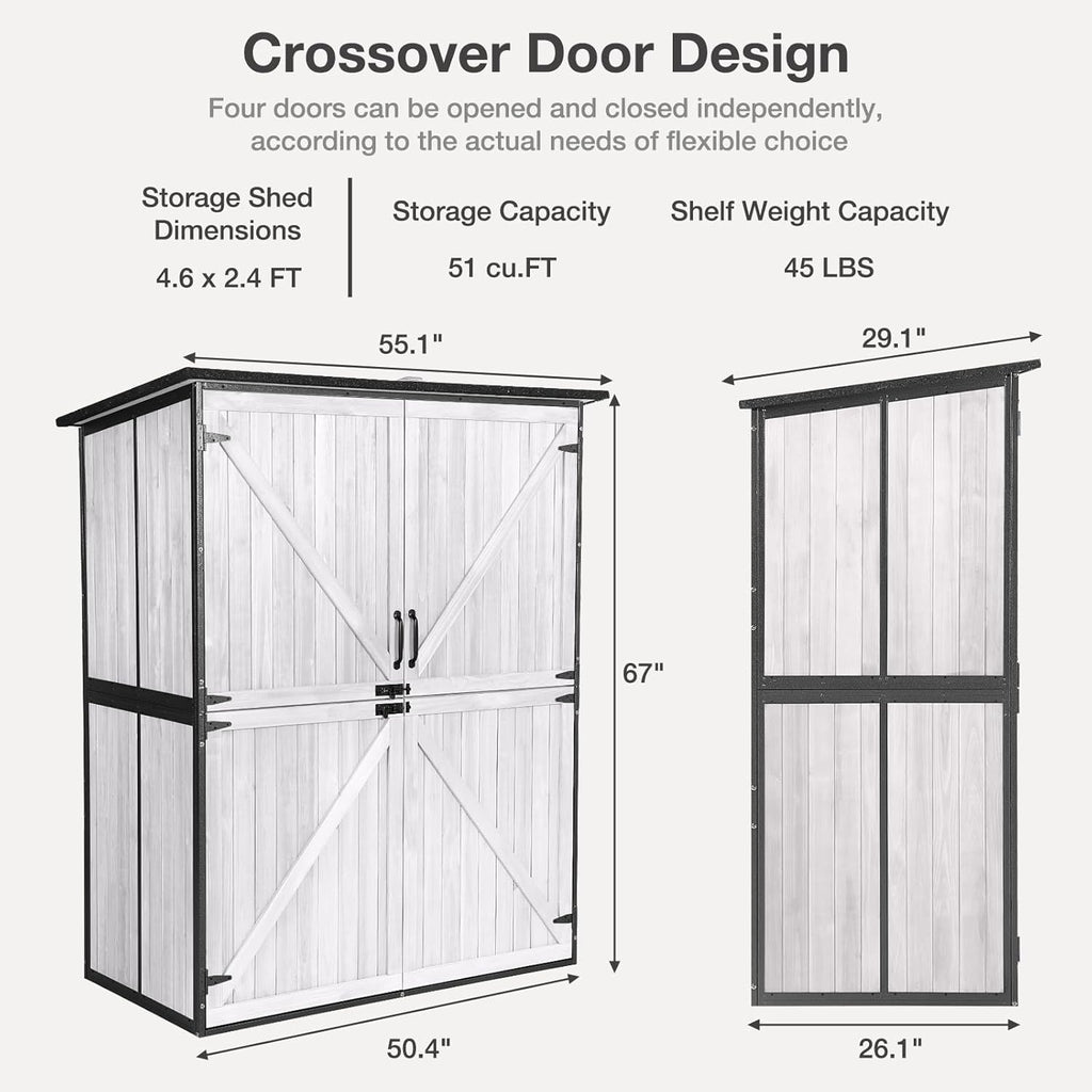 Outdoor Storage Shed with Floor - Waterproof Natural Fir Cabinet with Adjustable Shelves and Double Lock for Anti-Theft - Suitable for Storing Garden Tools and Household Debris (White)