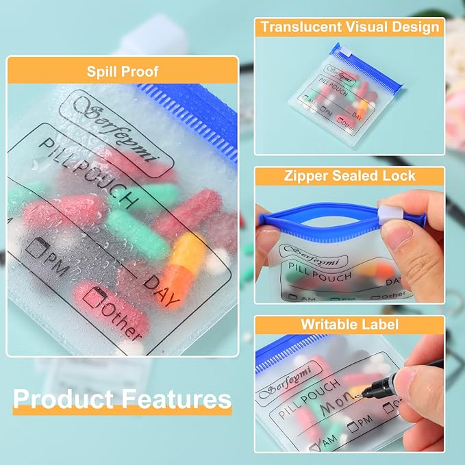 Serfeymi 48 Pcs Pill Pouch Bags for Travel Reusable Plastic Bags 3x3 Inch 12 mil (Double Sided) Translucent Zippered Pill Pouches for Medicine with Slide Lock & Writable Label, 1 Pc Marker-Green+Blue