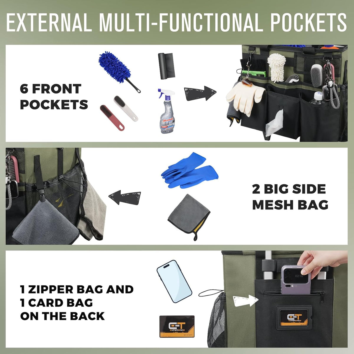 Rolling Cleaning Caddy Bag with Detachable Trolley, Large Cleaning Supplies Organizer with Wheels, Multi-Pocket Cleaning Cart with Adjustable Shoulder Strap for Housekeepers & Home Use, Armygreen