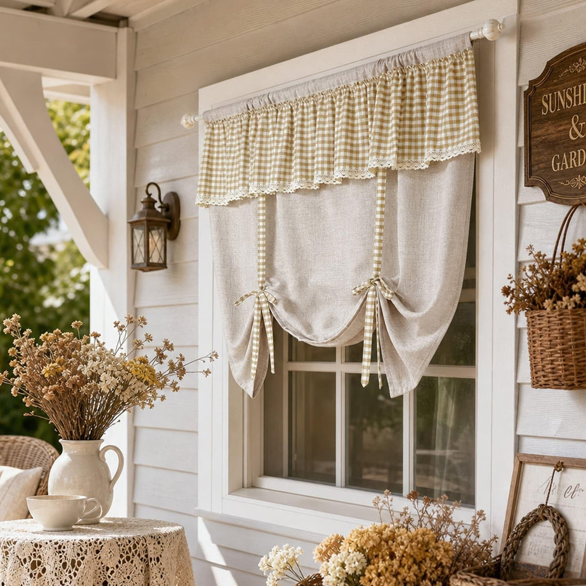 1 Panel Rod Pocket Tie Up Roman Curtain Khaki Gingham Lace Valance | Top Linen Blend Adjustable Lift Cafe Curtain, Light Filtering Privacy Short Window Curtain for Kitchen Farmhouse W55 x L63 in