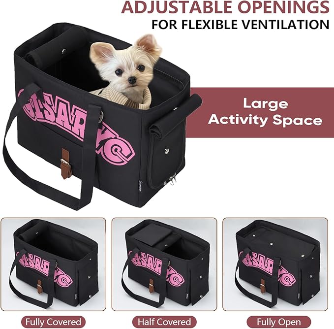 Dog Purse Carrier for Small Dogs, Cats and Puppies – Soft-Sided Foldable Pet Travel Bag with Multi Pockets, 3-Sided Mesh & Rollable Cover for Nervous Cats, Fits Pets up to 15 lbs (Black & Pink)