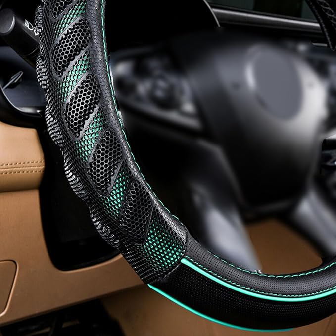 Flying Banner car Steering Wheel Cover Faux Leather Massage Universal fit 3D Honeycomb Hole Anti-Slip Sporty 15 Inches (Mint Green Black)