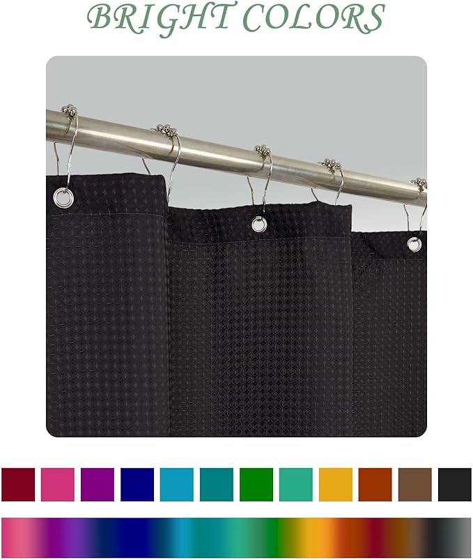 ggaimwf 36x72 Inch Solid Color Shower Curtain for Bathroom Waffle Bath Water Resistant Fabric Curtains Raisin Black Modern Thick Shower Stall Curtain with Metal Hooks