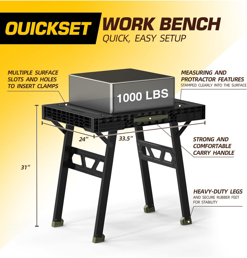 Express Folding Work Table, Easy Setup Portable Folding Work Table & Portable Folding Workbench, 34" W x 25" D x 31" H Lightweight Versatile Clamping Worktable for Garage/Wood Shop (Green)