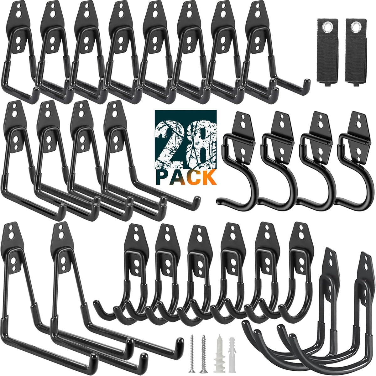 28 Pack Heavy Duty Garage Hooks, Utility Wall Mounted Storage System, with Anti-Slip Coating Hanger, for Hanging Power and Garden Tools, Ladders, Bikes, Ropes and Bulk Items